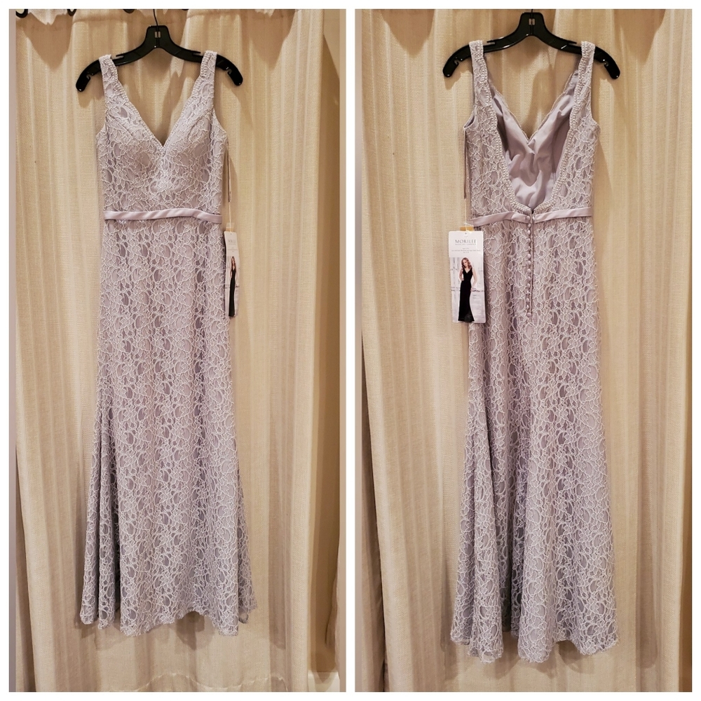 Floor length, light purple-gray dress